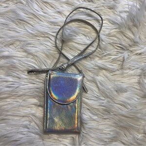 Iridescent rainbow Silver Holographic Phone Case with Lanyard metallic shine